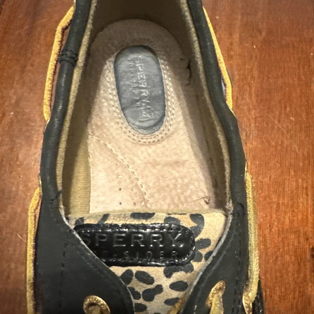 Sperry Top-Sider Men's 9.5M Boat Shoes‎ Leather Black Leopard Print Deck Loafers